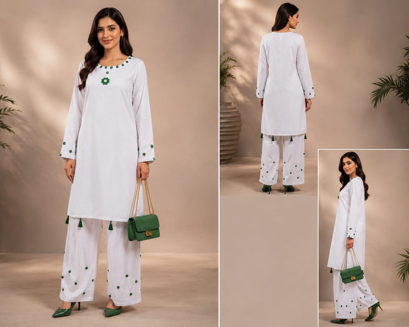 White Embroidered 2PC Suit with green embroidery and tassel details