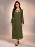 Embalished gala  olive 2 piece silk suit