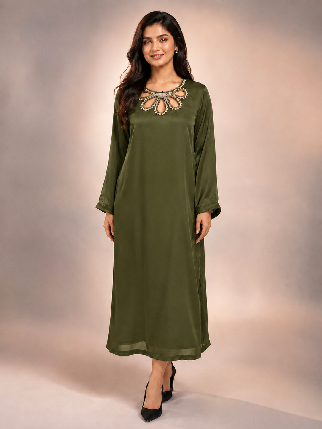 Embalished gala  olive 2 piece silk suit