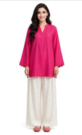 2 Piece Magenta Ivory Silk Suit | Scallop Hem Shirt with Wide Pants