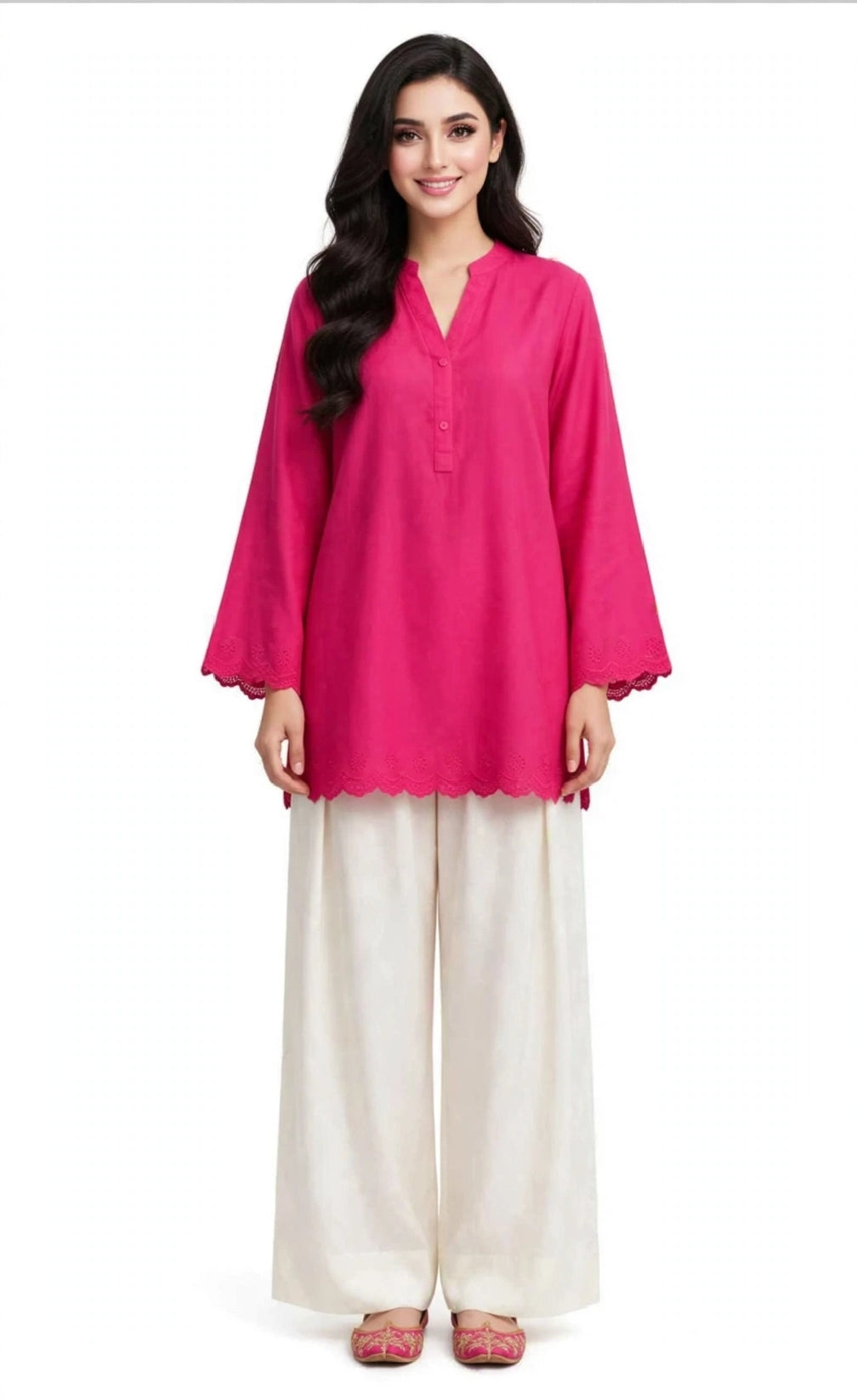 2 Piece Magenta Ivory Silk Suit | Scallop Hem Shirt with Wide Pants