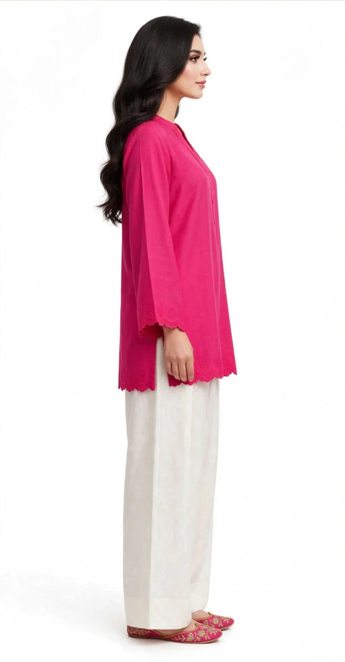 2 Piece Magenta Ivory Silk Suit | Scallop Hem Shirt with Wide Pants