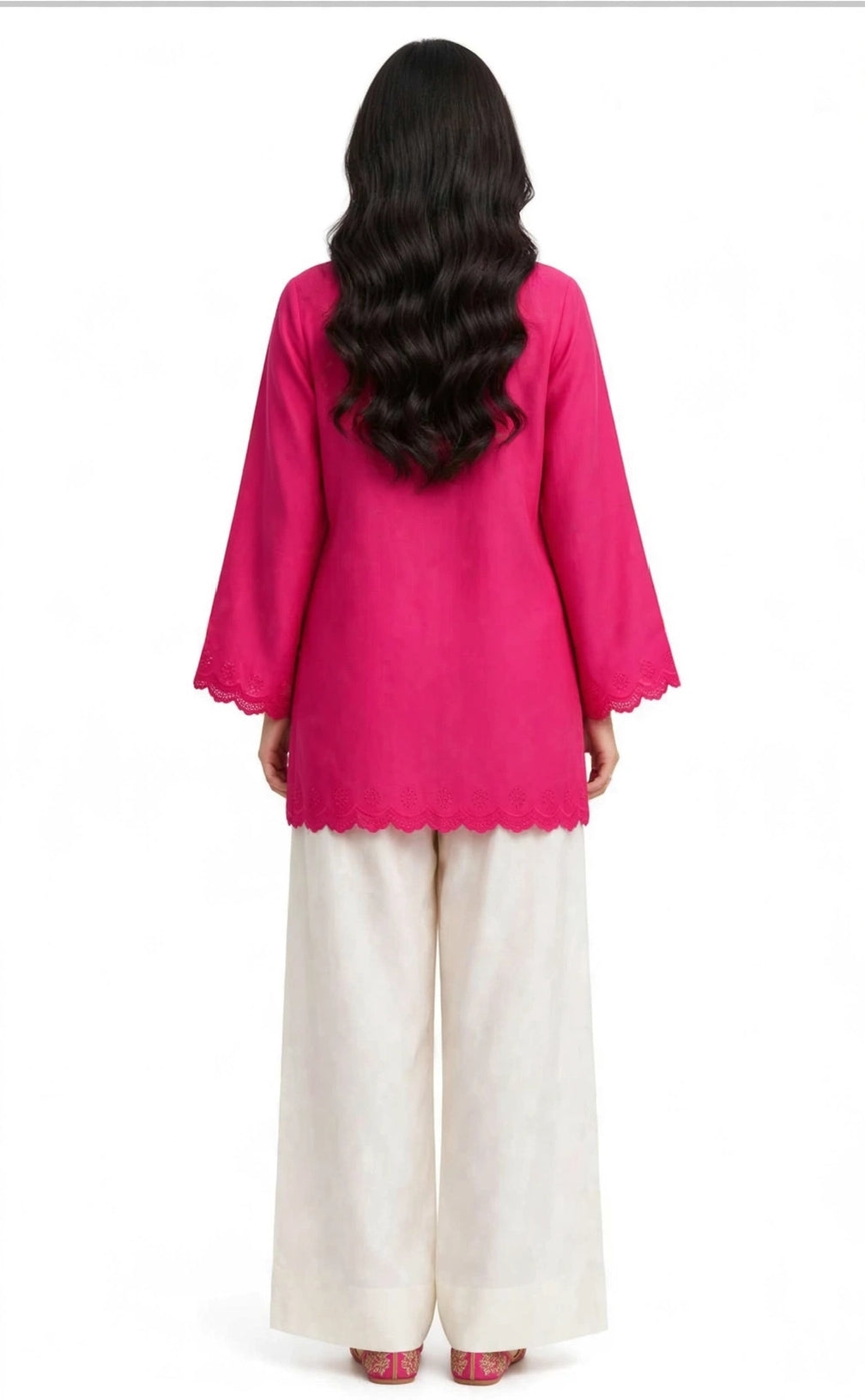 2 Piece Magenta Ivory Silk Suit | Scallop Hem Shirt with Wide Pants