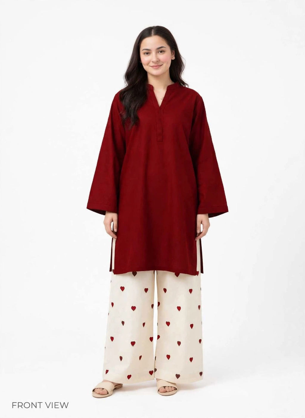2 Piece Red Maroon Silk Suit | Heart Print Co-ord Set