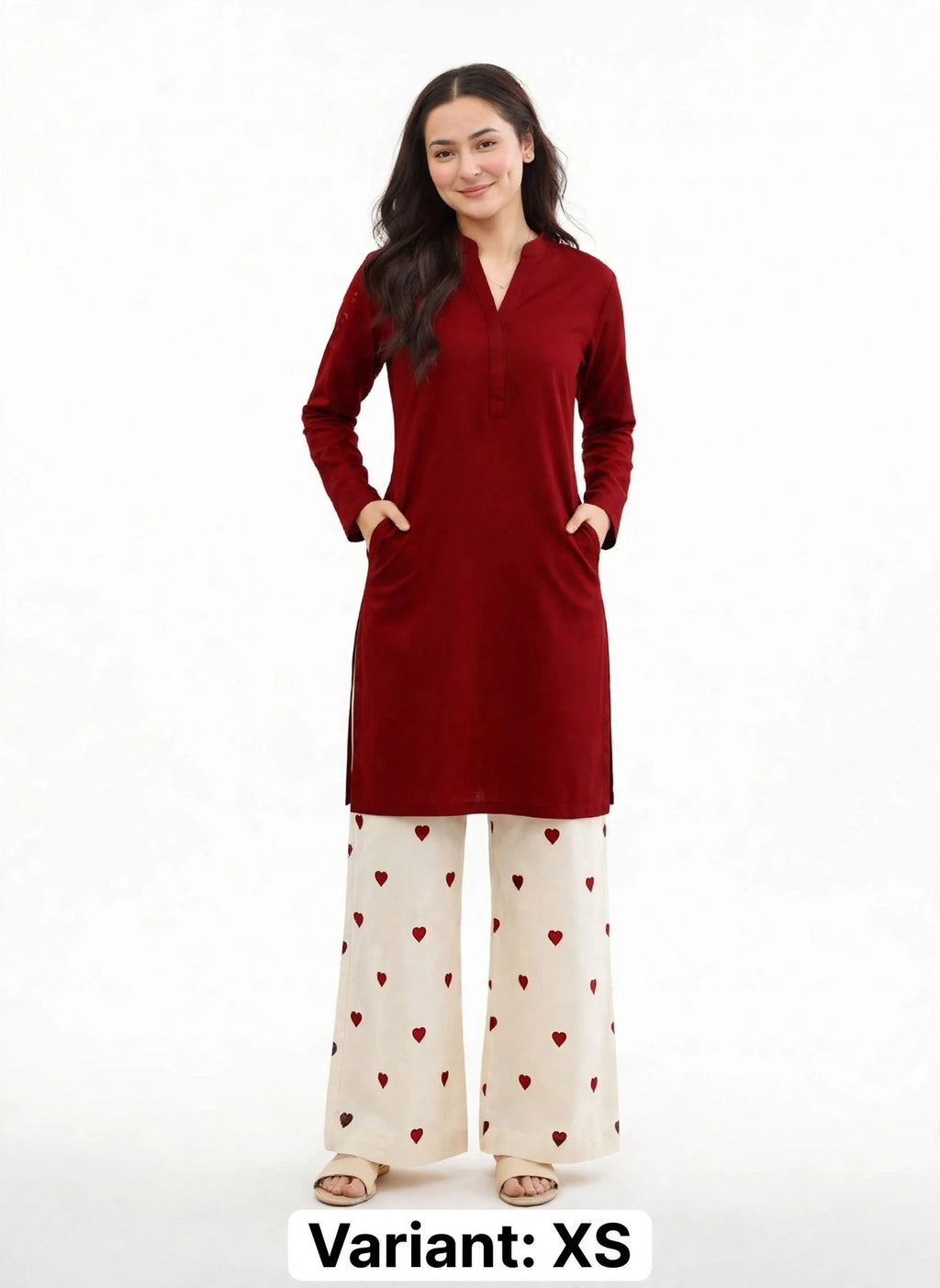2 Piece Red Maroon Silk Suit | Heart Print Co-ord Set