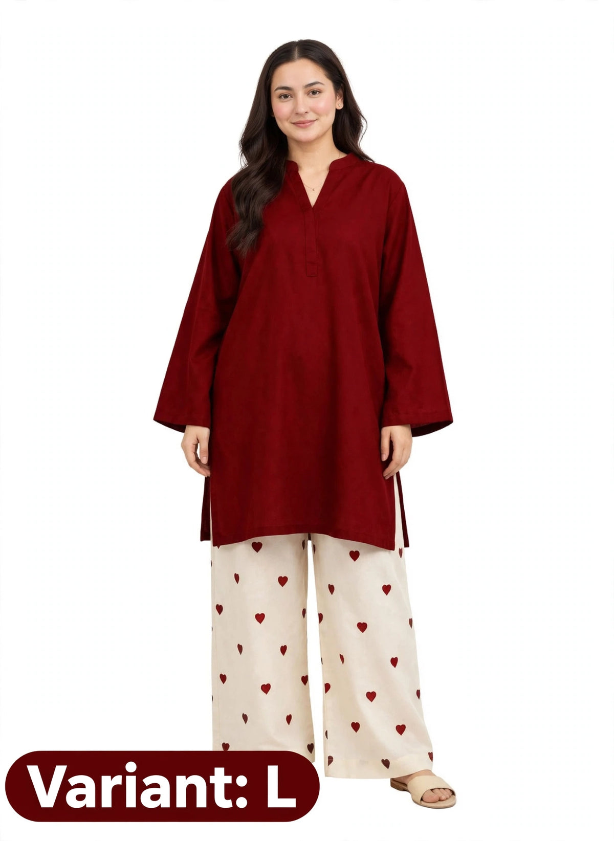 2 Piece Red Maroon Silk Suit | Heart Print Co-ord Set
