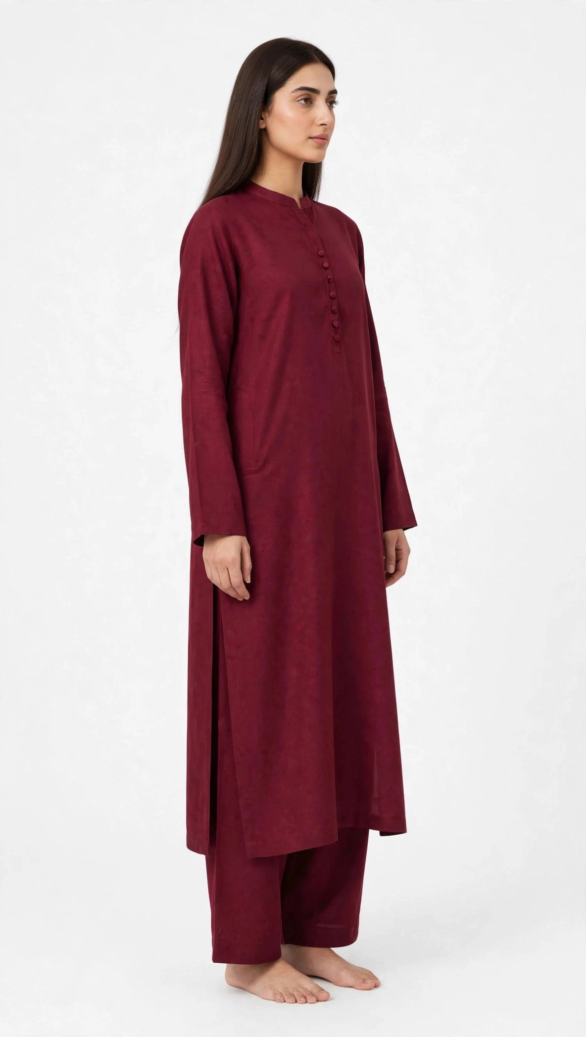 2 Piece Royal Maroon Silk Suit | Button Placket Shirt with Wide Pants