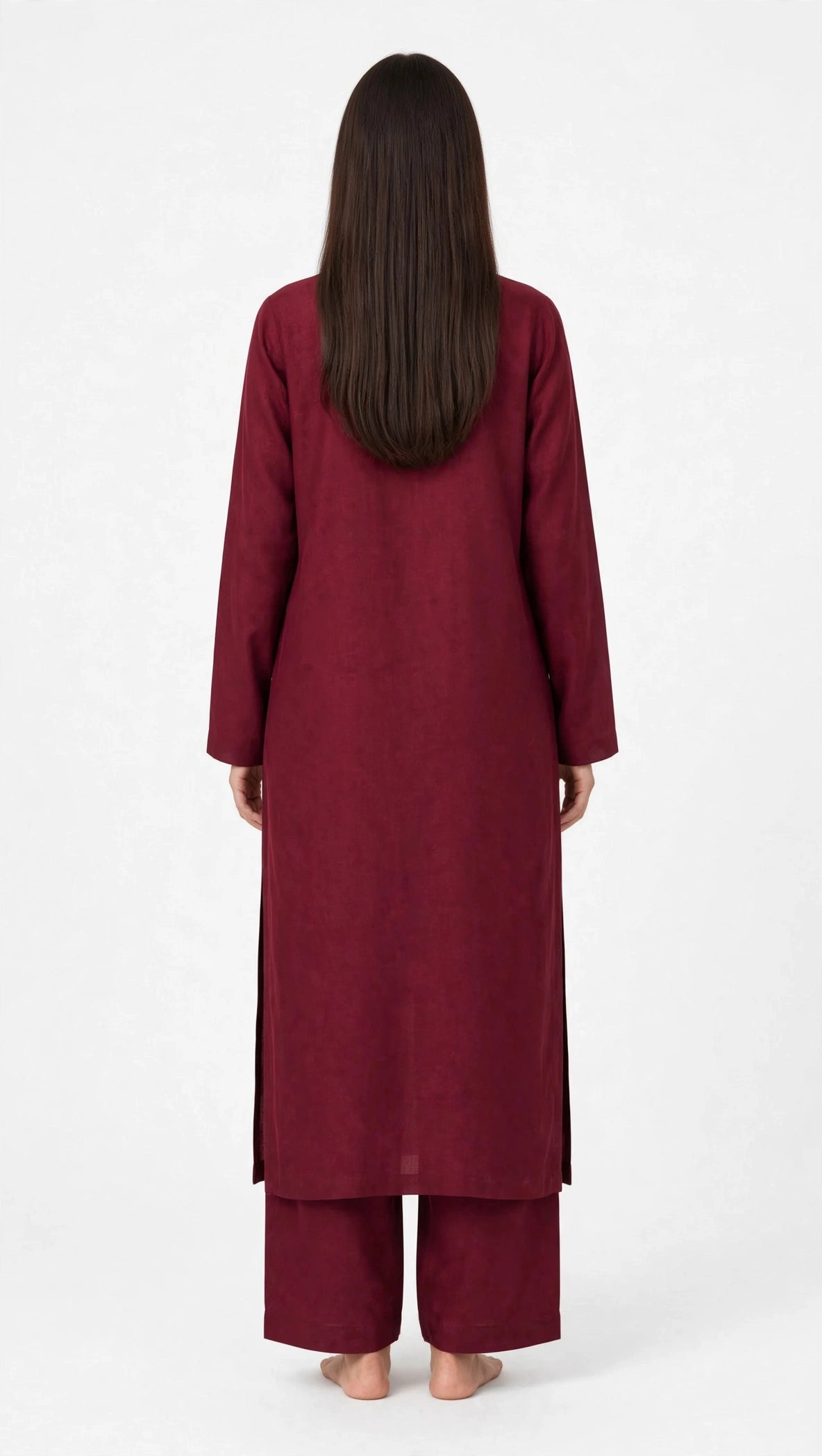 2 Piece Royal Maroon Silk Suit | Button Placket Shirt with Wide Pants