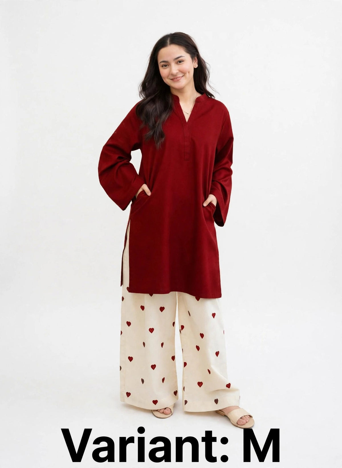 2 Piece Red Maroon Silk Suit | Heart Print Co-ord Set