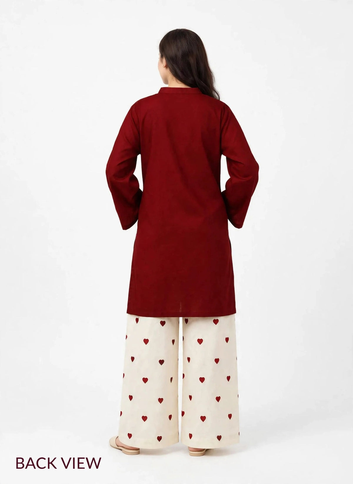 2 Piece Red Maroon Silk Suit | Heart Print Co-ord Set