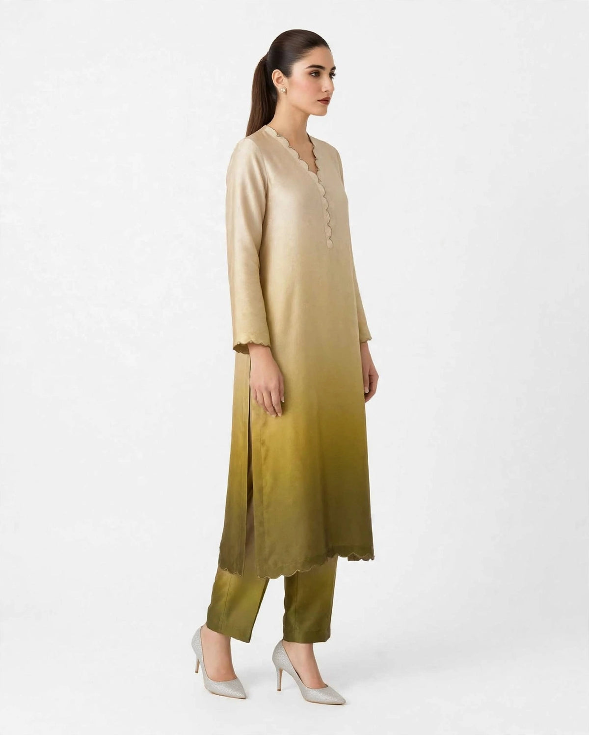 2 Piece Ombre Silk Suit | Scallop Detail Shirt with Straight Pants