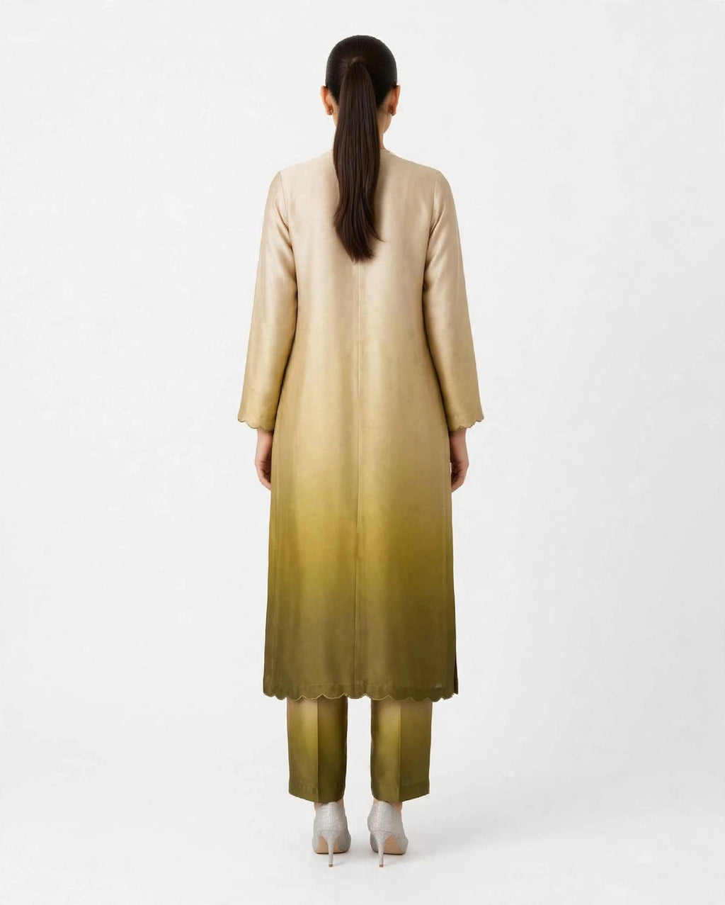 2 Piece Ombre Silk Suit | Scallop Detail Shirt with Straight Pants