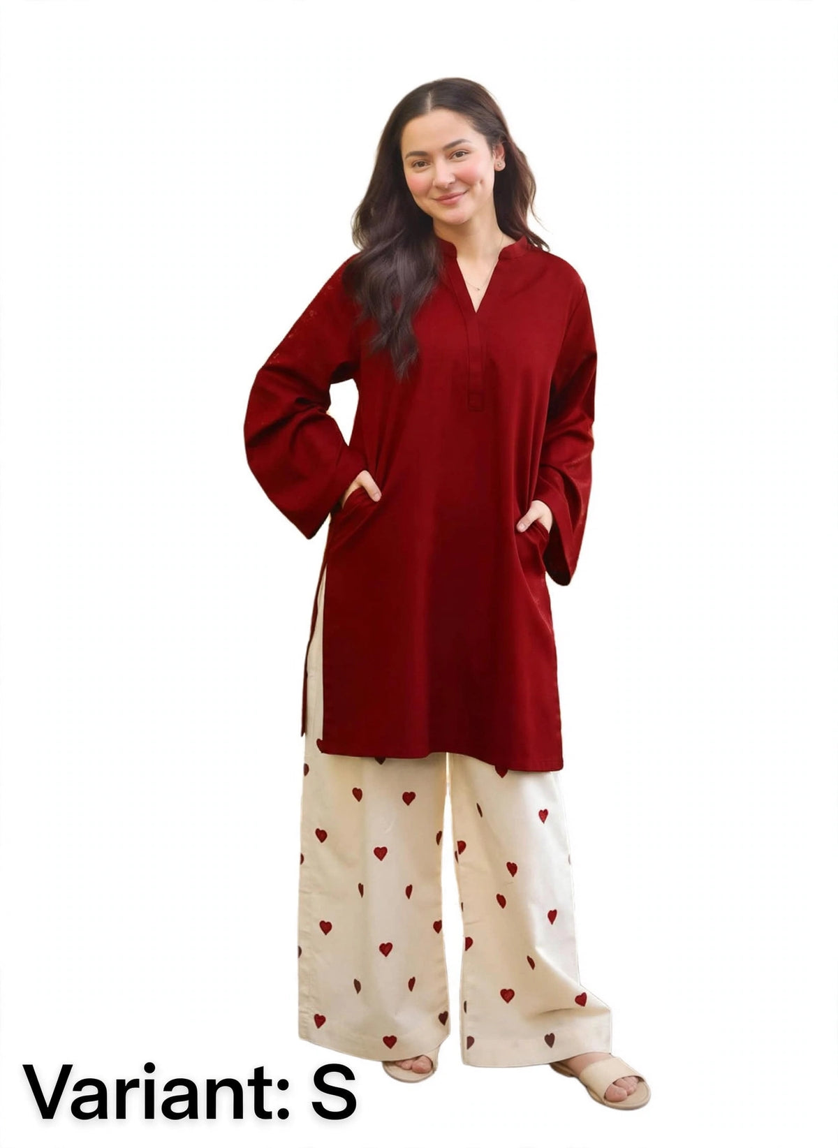 2 Piece Red Maroon Silk Suit | Heart Print Co-ord Set