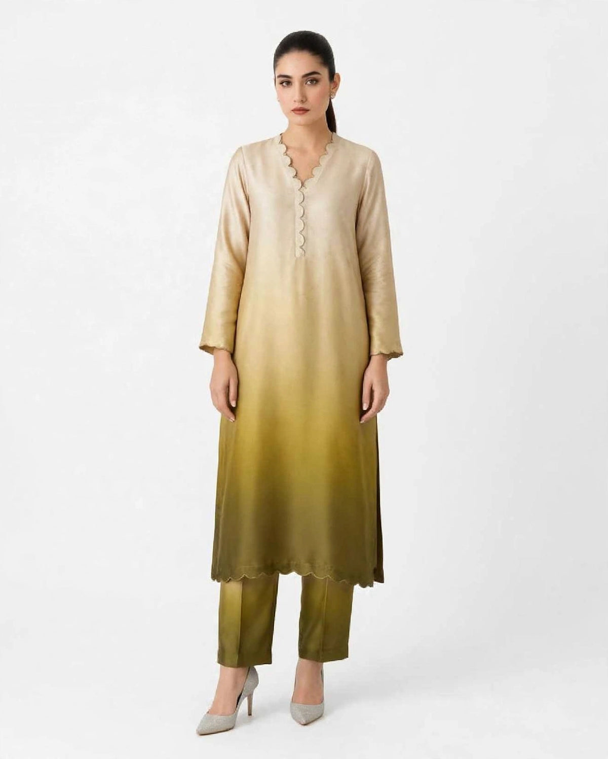 2 Piece Ombre Silk Suit | Scallop Detail Shirt with Straight Pants