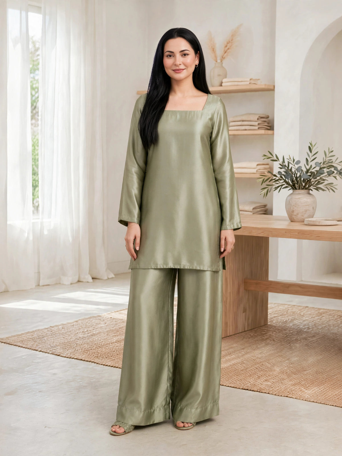 2 Piece Olive Silk Suit | Square Neck Shirt with Palazzo Pants - Luxe Pret