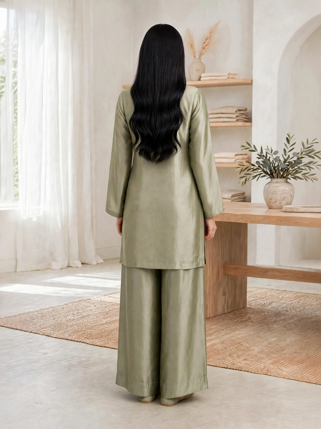 2 Piece Olive Silk Suit | Square Neck Shirt with Palazzo Pants - Luxe Pret