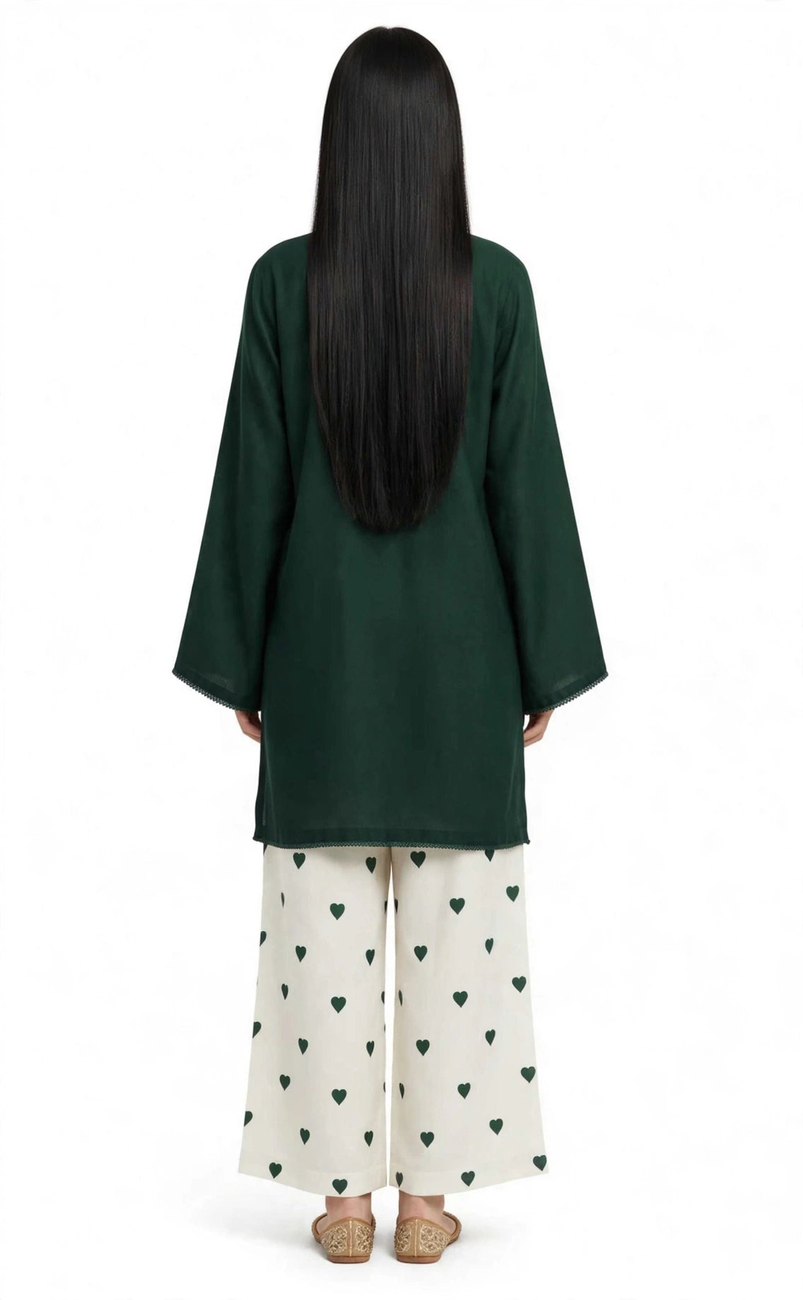 2 Piece Emerald Green Silk Suit | Bell Sleeve Shirt with Heart Print Pants