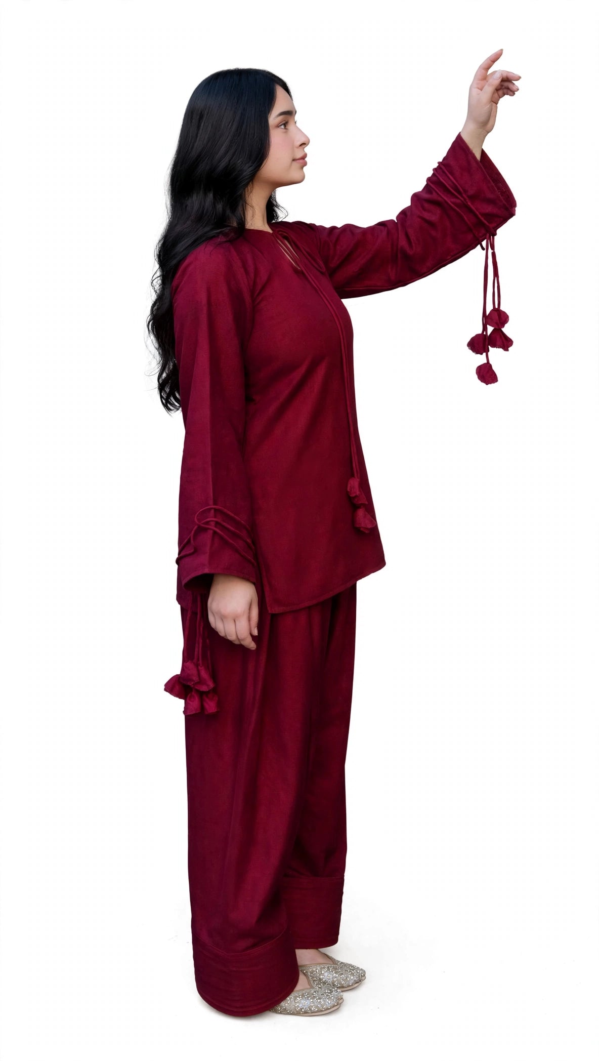 2 Piece Luxe Maroon Silk Suit | Tassel Neck Shirt with Palazzo Pants