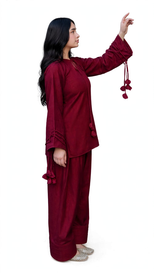 2 Piece Luxe Maroon Silk Suit | Tassel Neck Shirt with Palazzo Pants