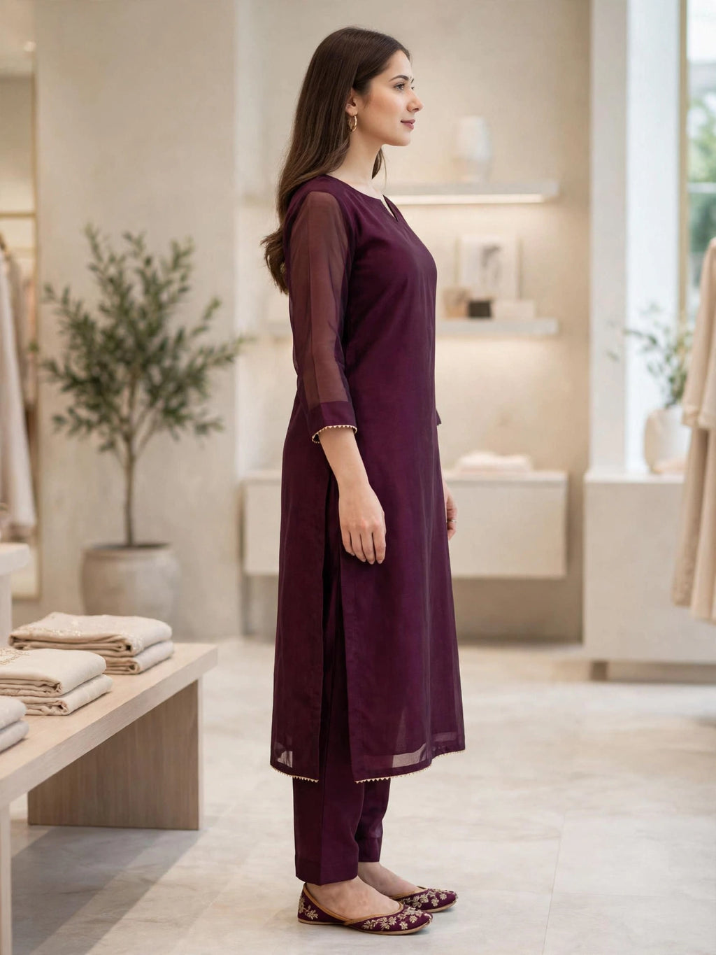 2 Piece Maroon Silk Suit | V-Neck Shirt with Straight Pants