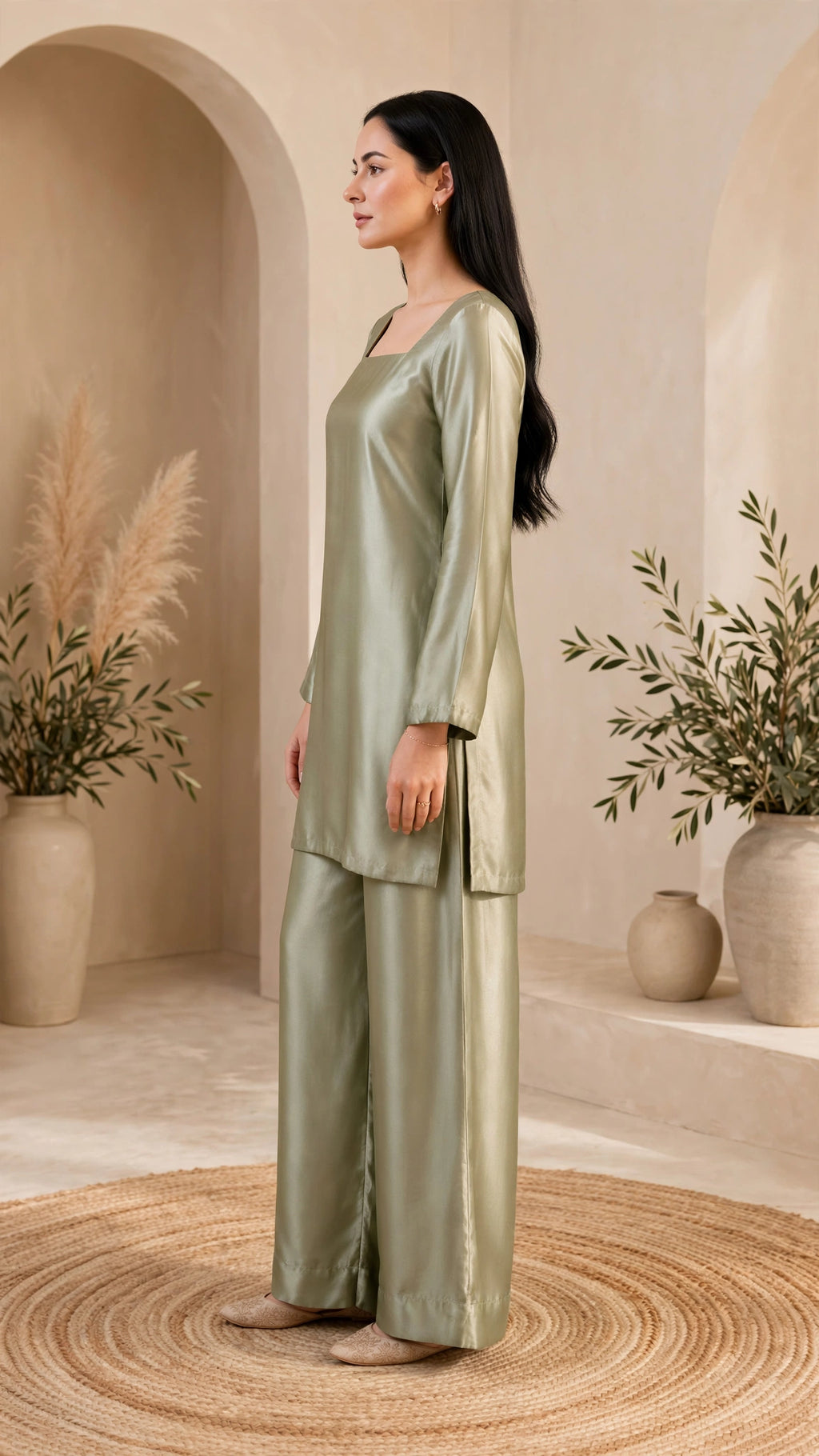 2 Piece Olive Silk Suit | Square Neck Shirt with Palazzo Pants - Luxe Pret