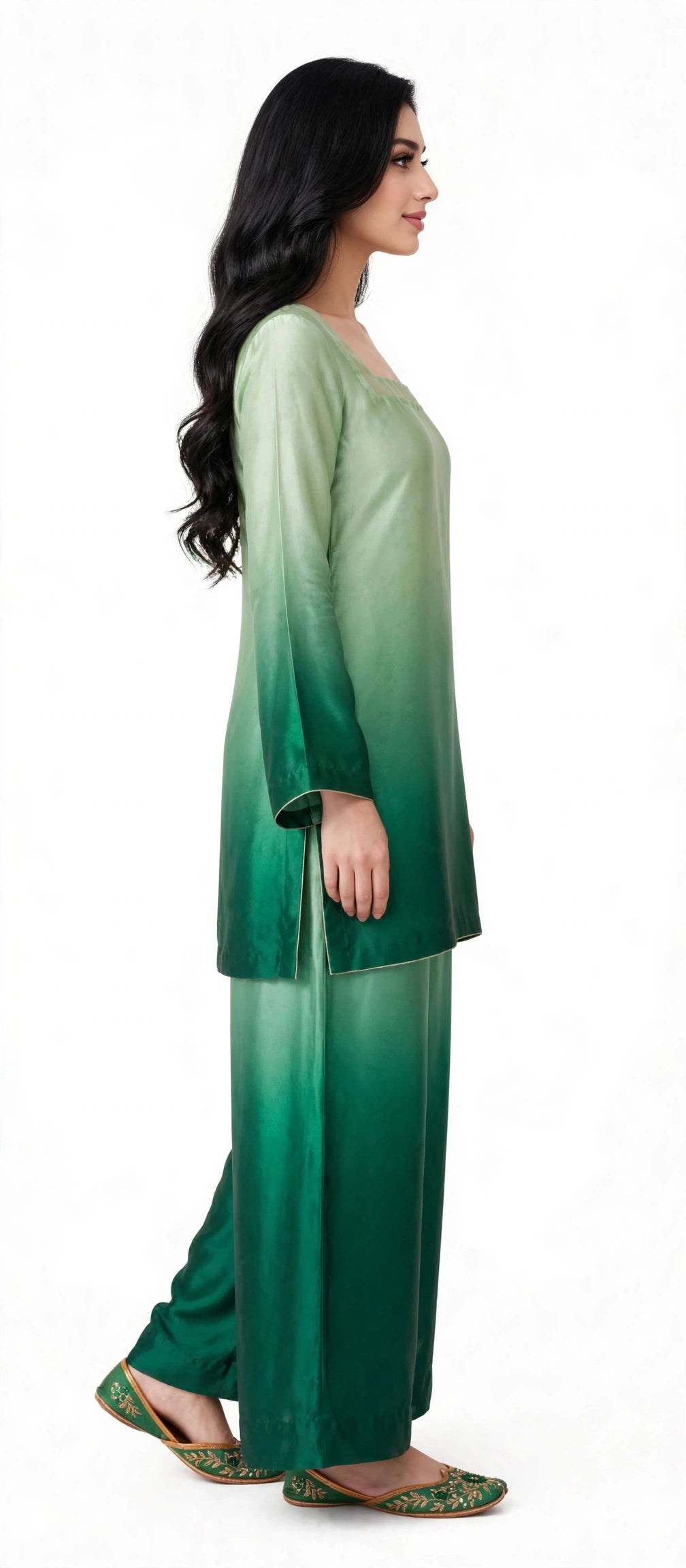 2 Piece Green Ombre Silk Suit | Square Neck Shirt with Wide Pants