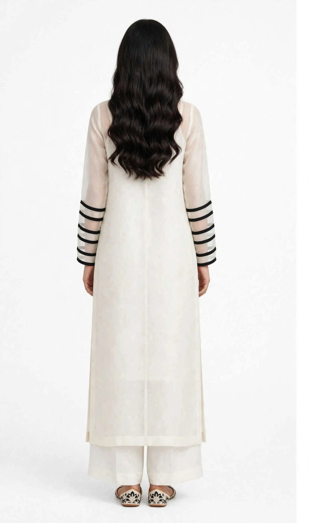 2 Piece Ivory Chiffon Suit | Beadwork Shirt with Striped Sleeves