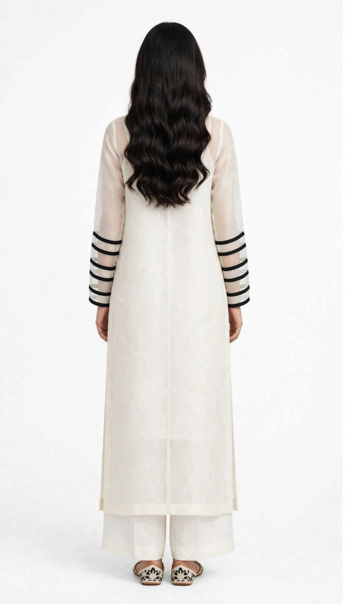 2 Piece Ivory Chiffon Suit | Beadwork Shirt with Striped Sleeves
