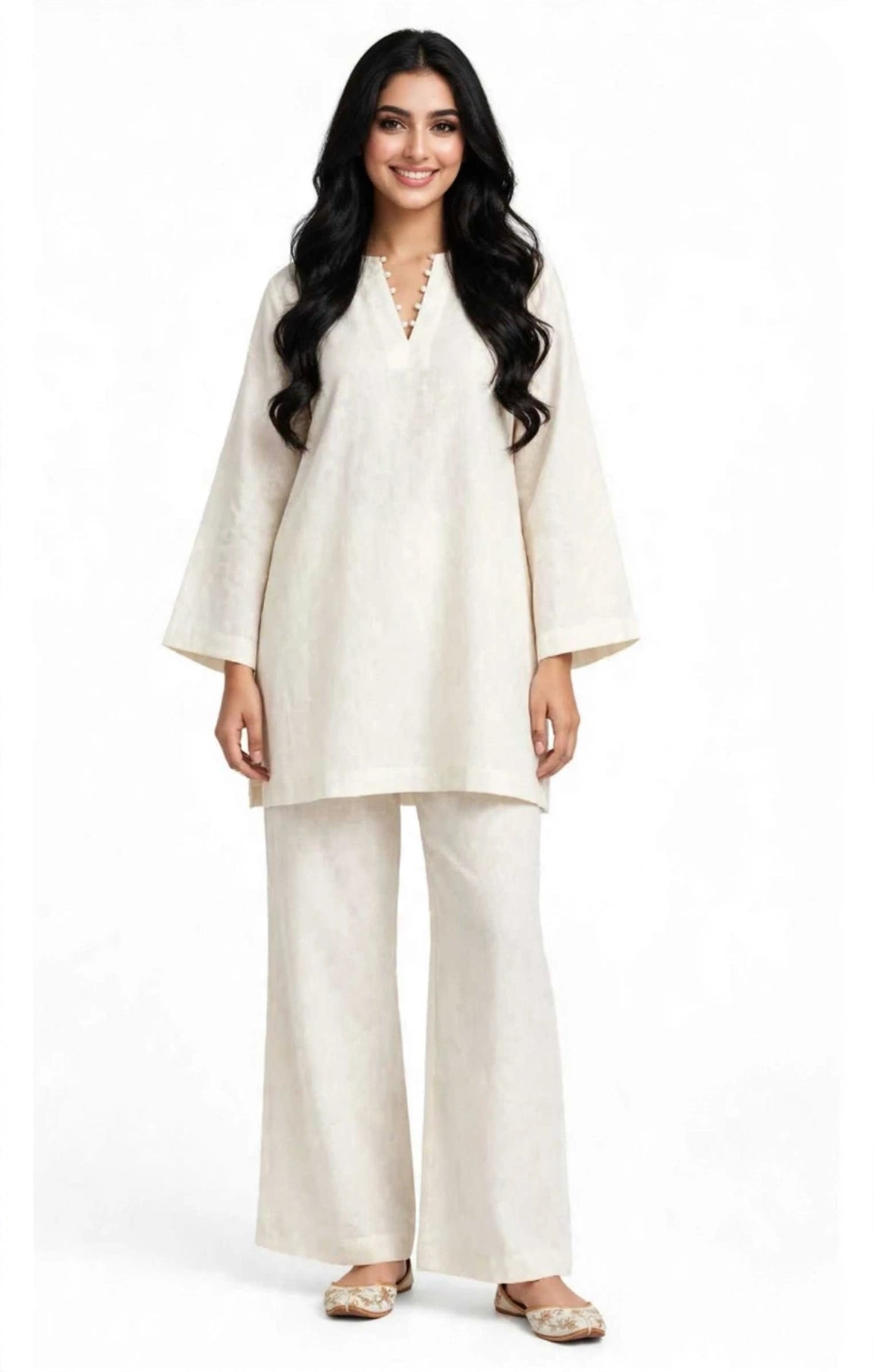 2 Piece Ivory Silk Suit | Pearl Button Shirt with Wide Pants
