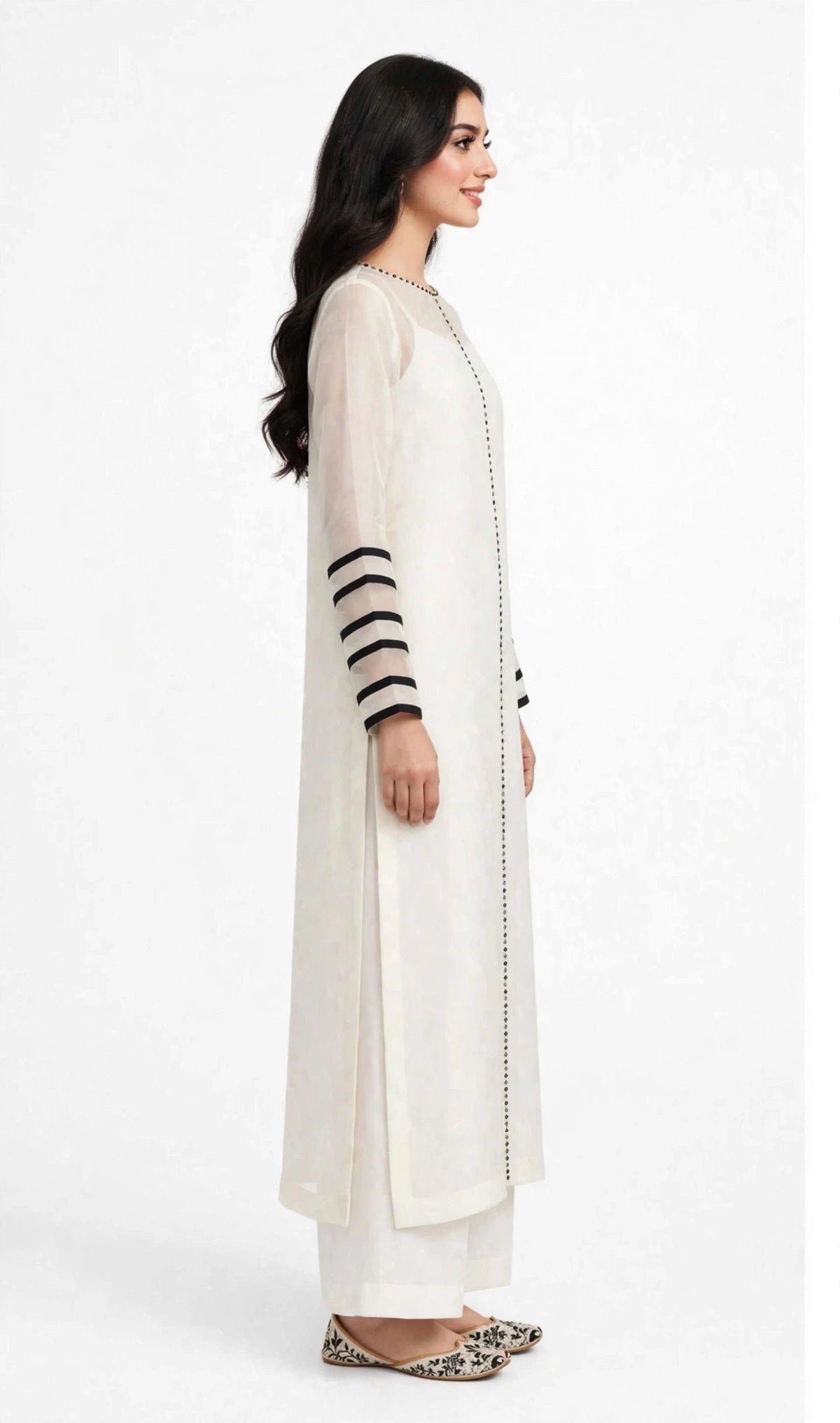 2 Piece Ivory Chiffon Suit | Beadwork Shirt with Striped Sleeves