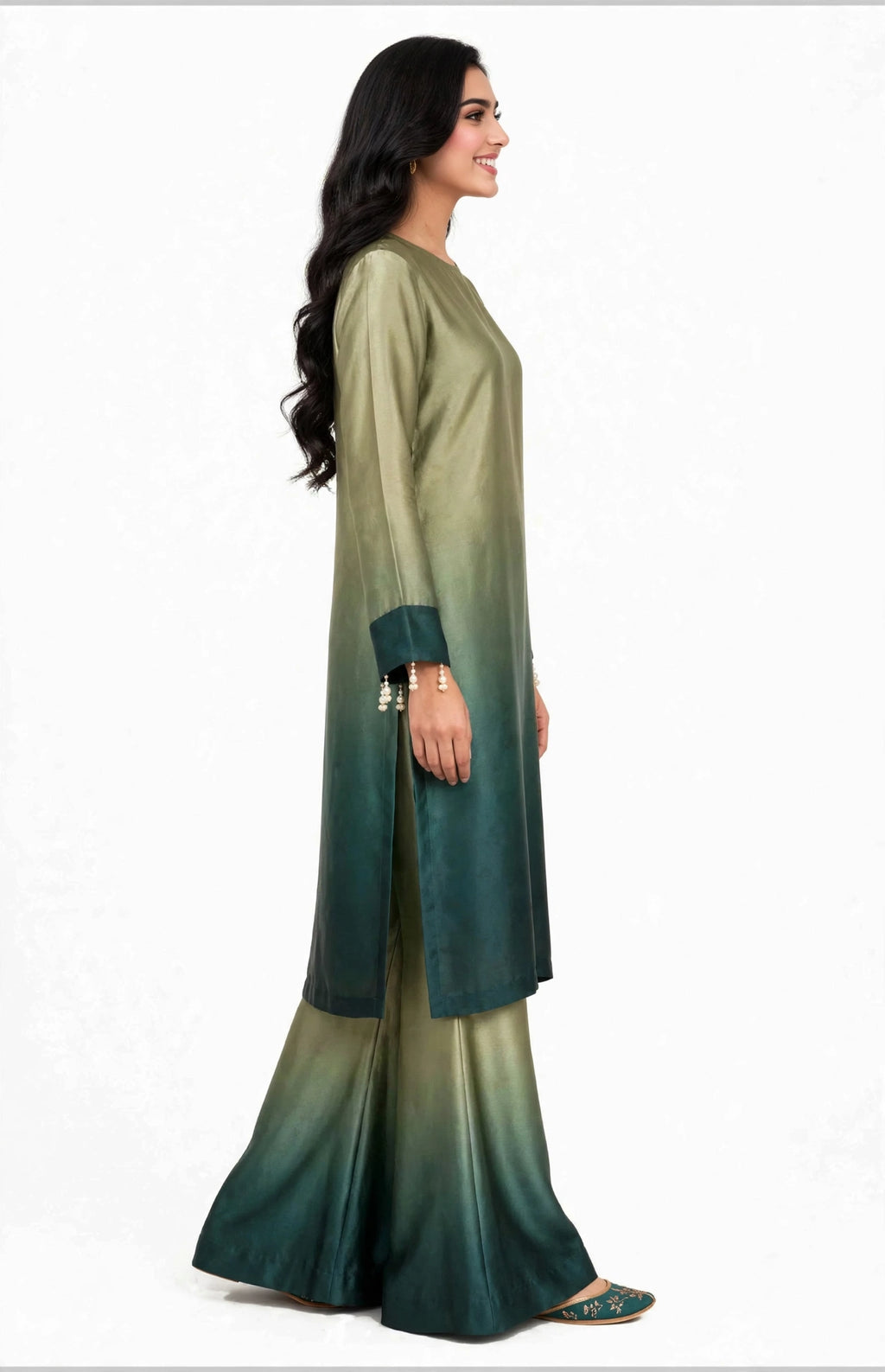2 Piece Olive Green Ombre Silk Suit | Gradient Co-ord Set
