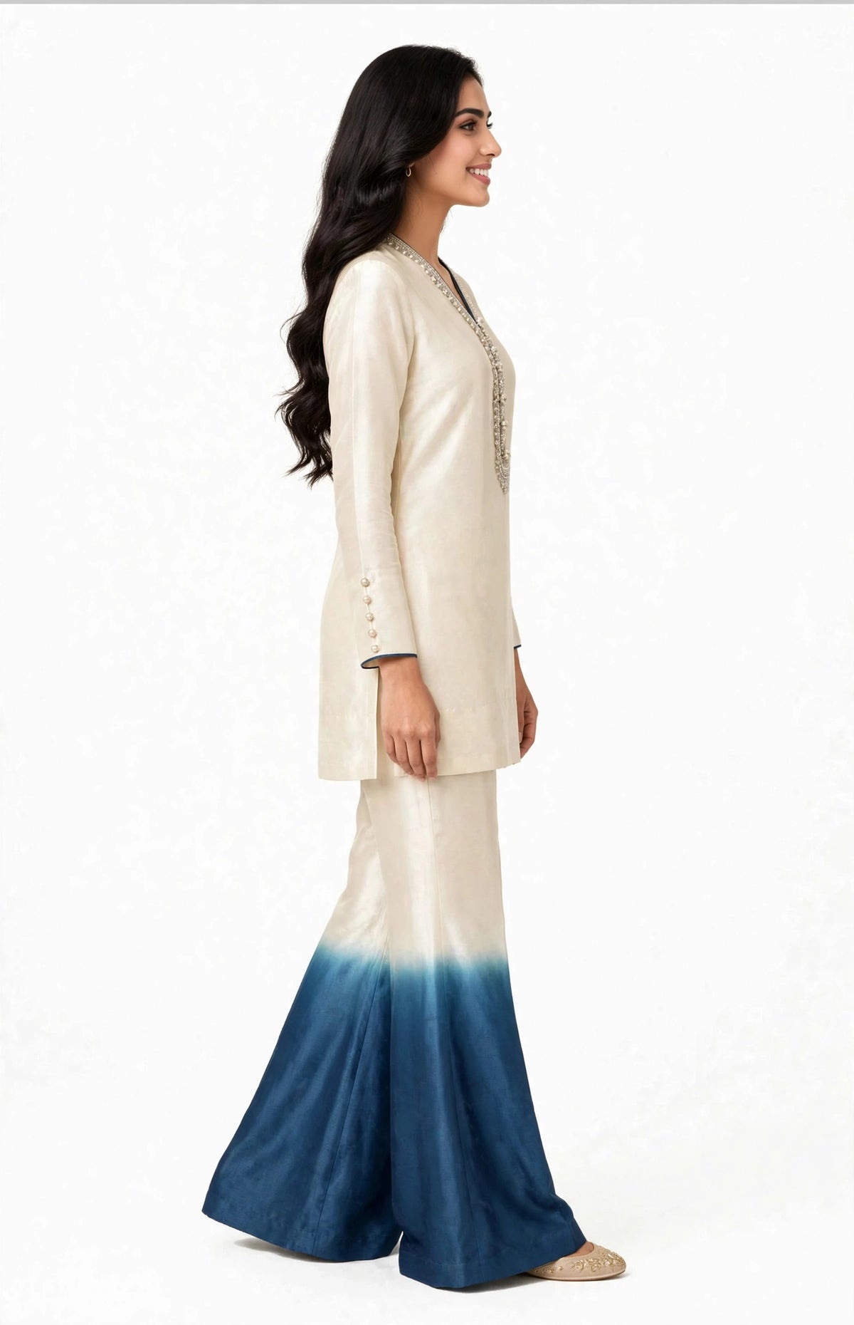 2 Piece Ivory Blue Ombre Silk Suit | Embellished Co-ord Set