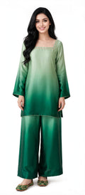 2 Piece Green Ombre Silk Suit | Square Neck Shirt with Wide Pants