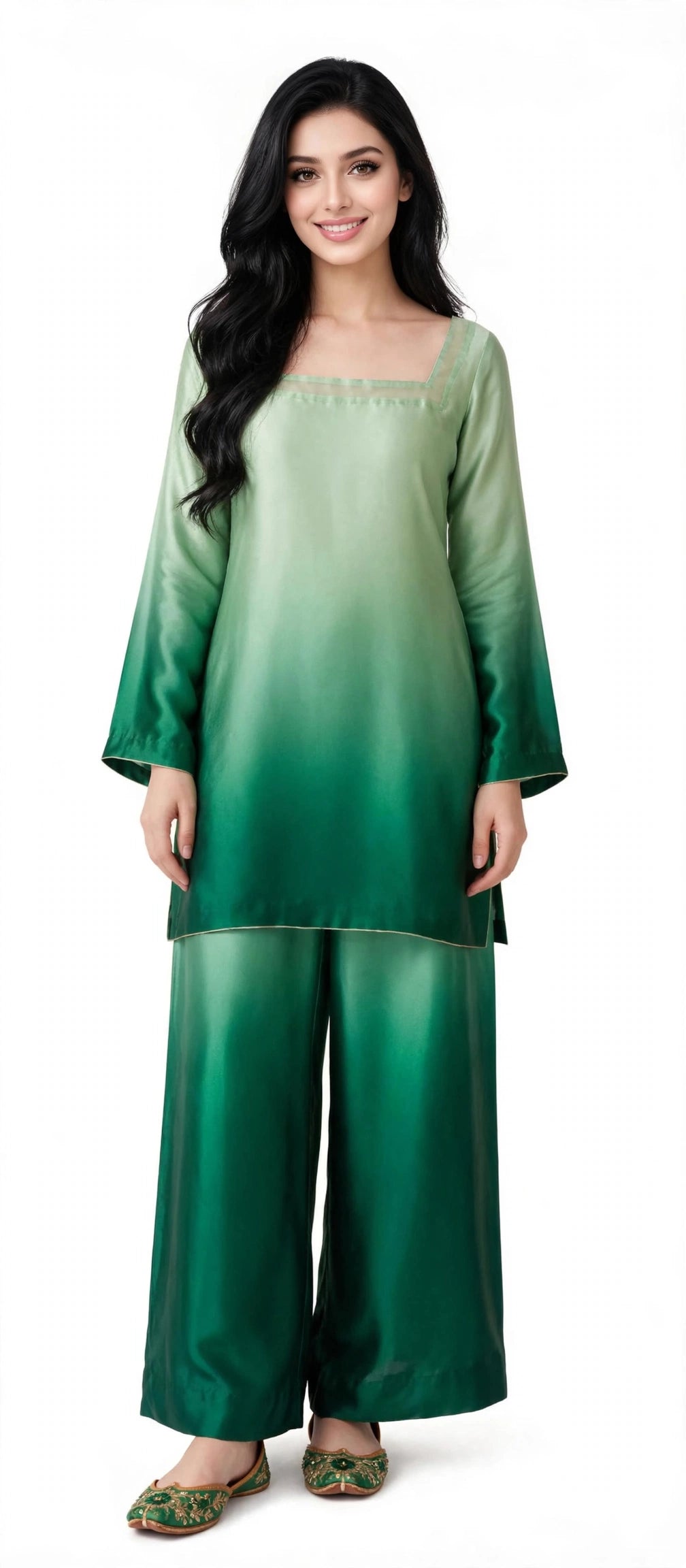 2 Piece Green Ombre Silk Suit | Square Neck Shirt with Wide Pants