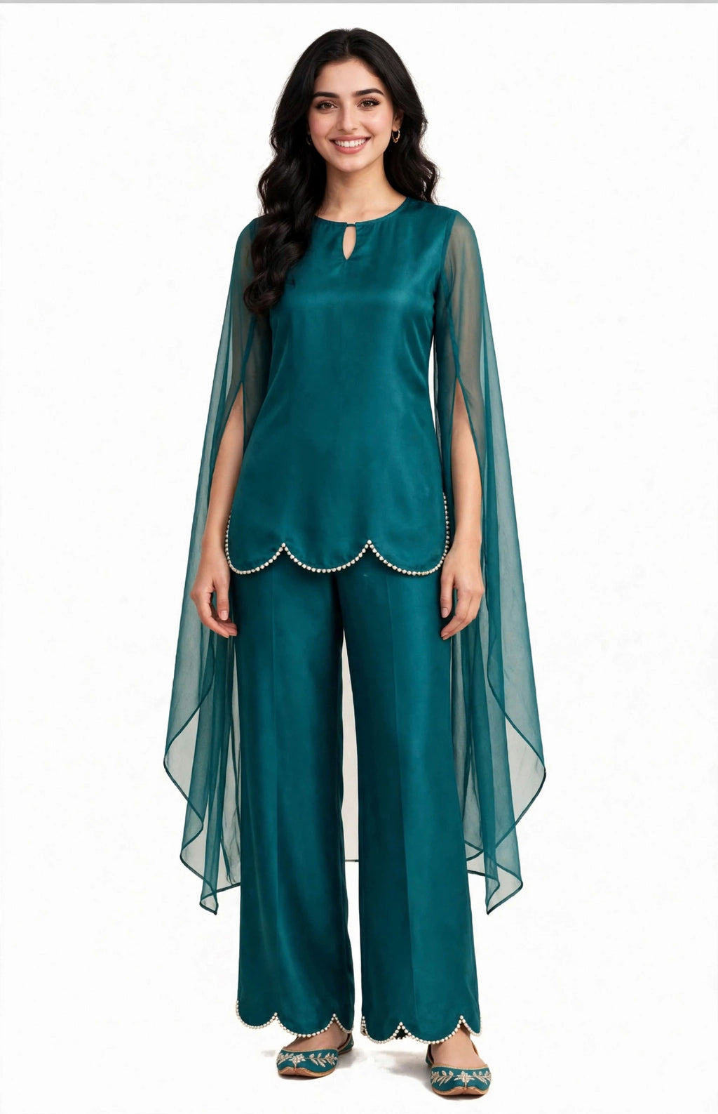 2 Piece Teal Silk Suit | Cape Sleeve Co-ord with Scallop Hem