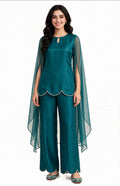 2 Piece Teal Silk Suit | Cape Sleeve Co-ord with Scallop Hem