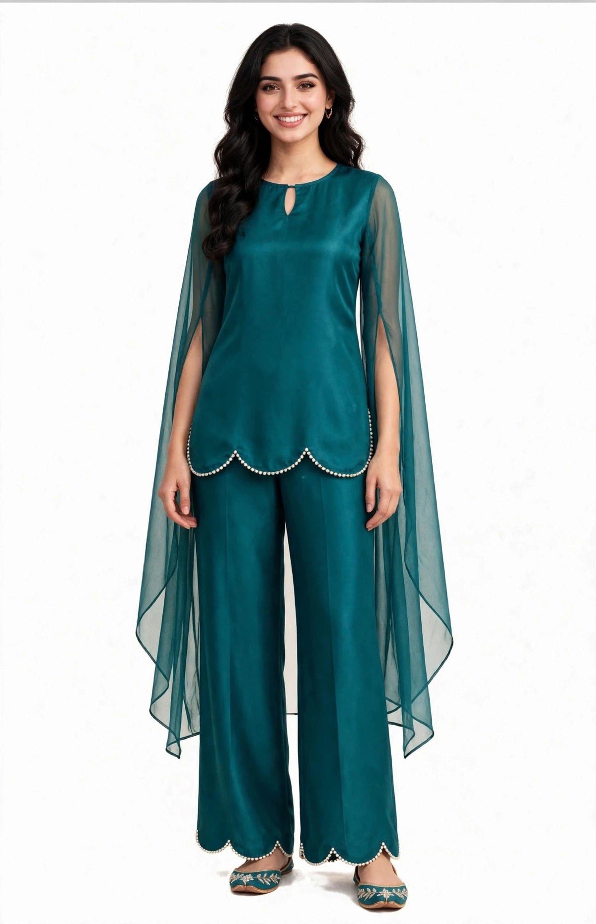 2 Piece Teal Silk Suit | Cape Sleeve Co-ord with Scallop Hem