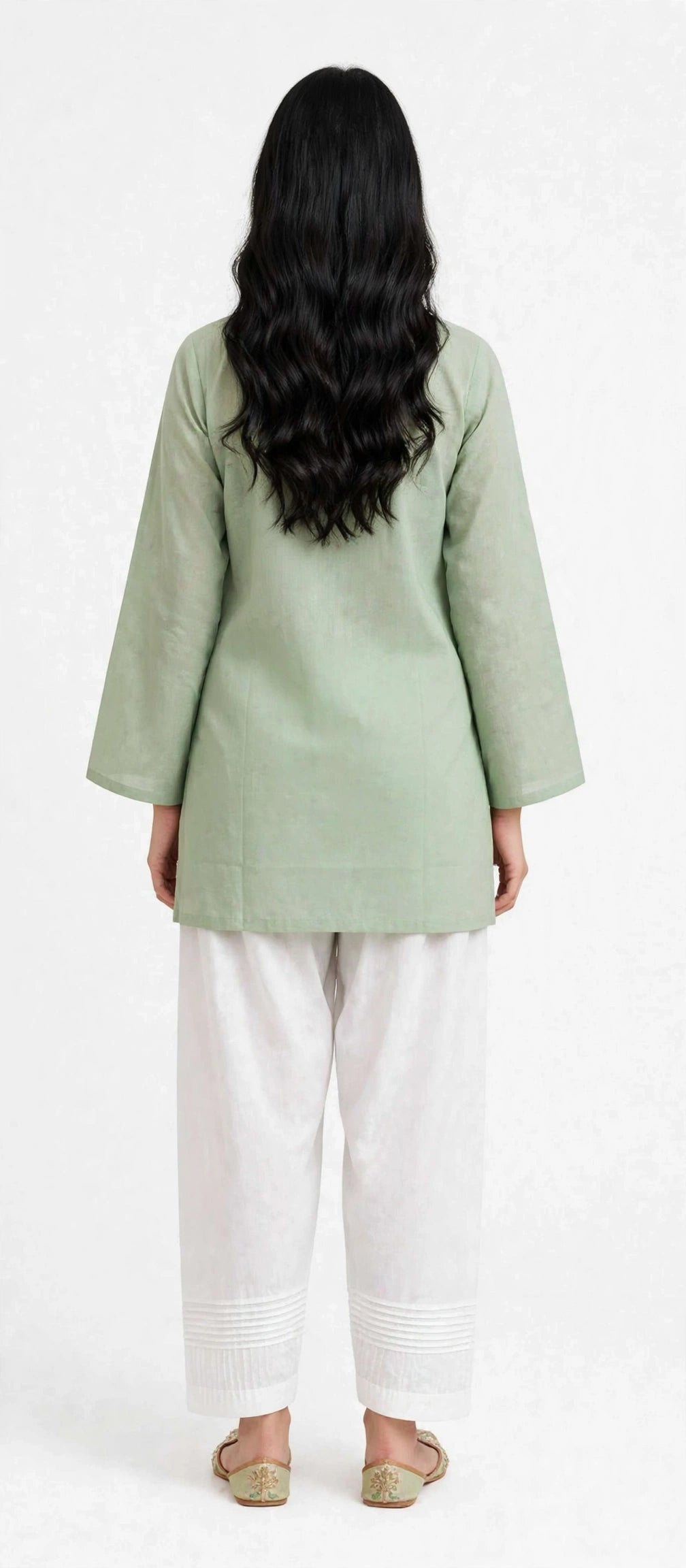 2 Piece Sage Green Silk Suit | Scallop V-Neck Shirt with White Pants