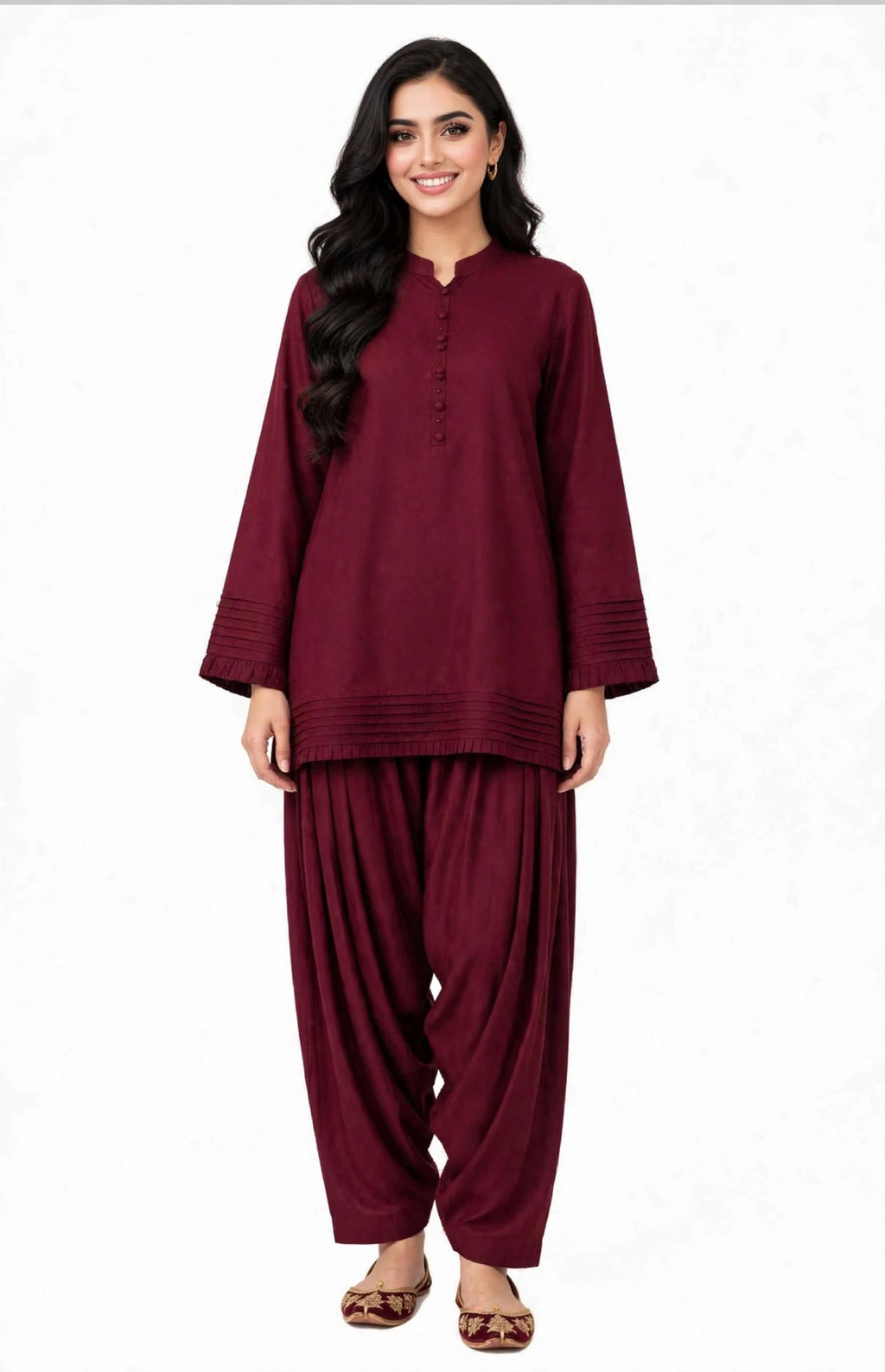 2 Piece Maroon Silk Suit | Pleated Shirt with Shalwar Pants