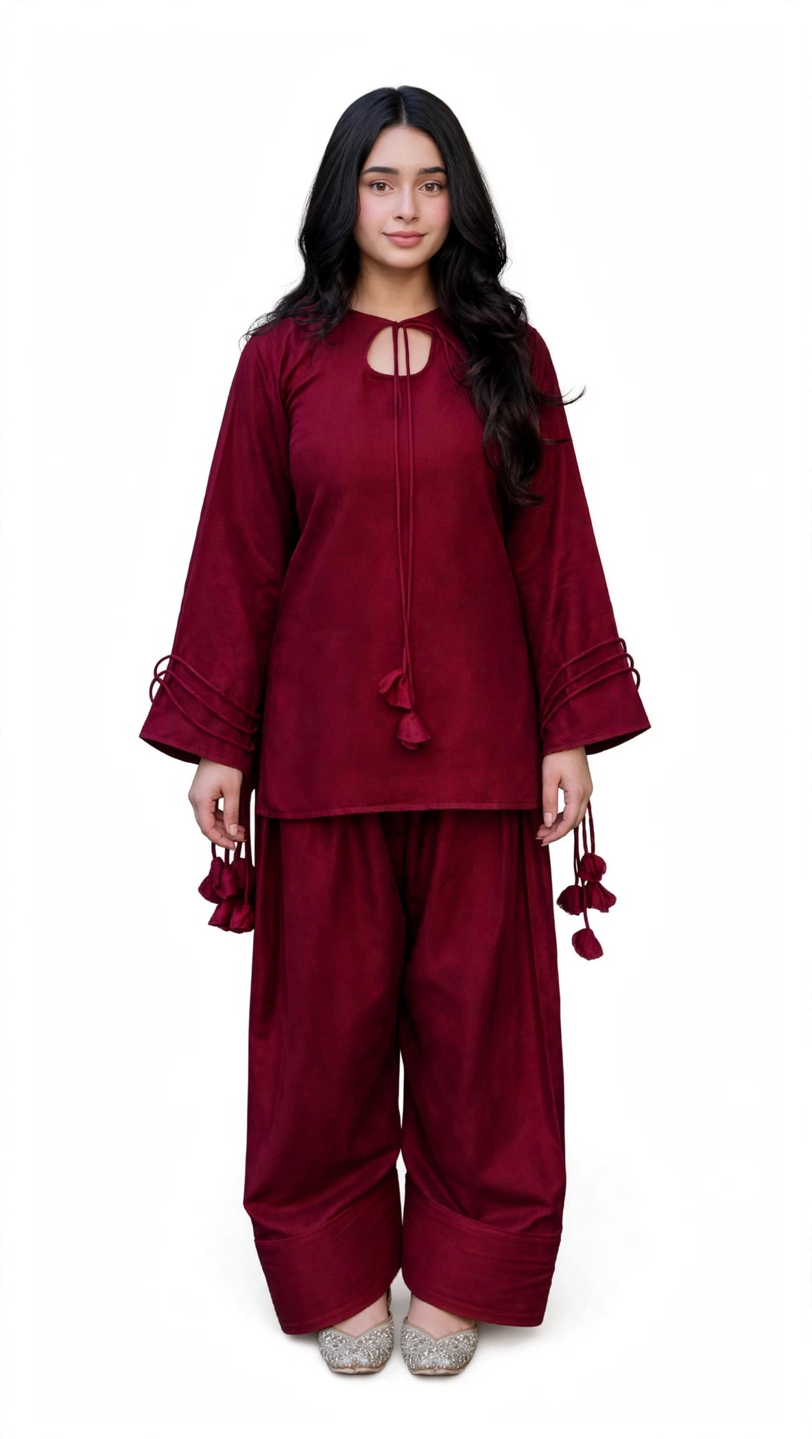 2 Piece Luxe Maroon Silk Suit | Tassel Neck Shirt with Palazzo Pants