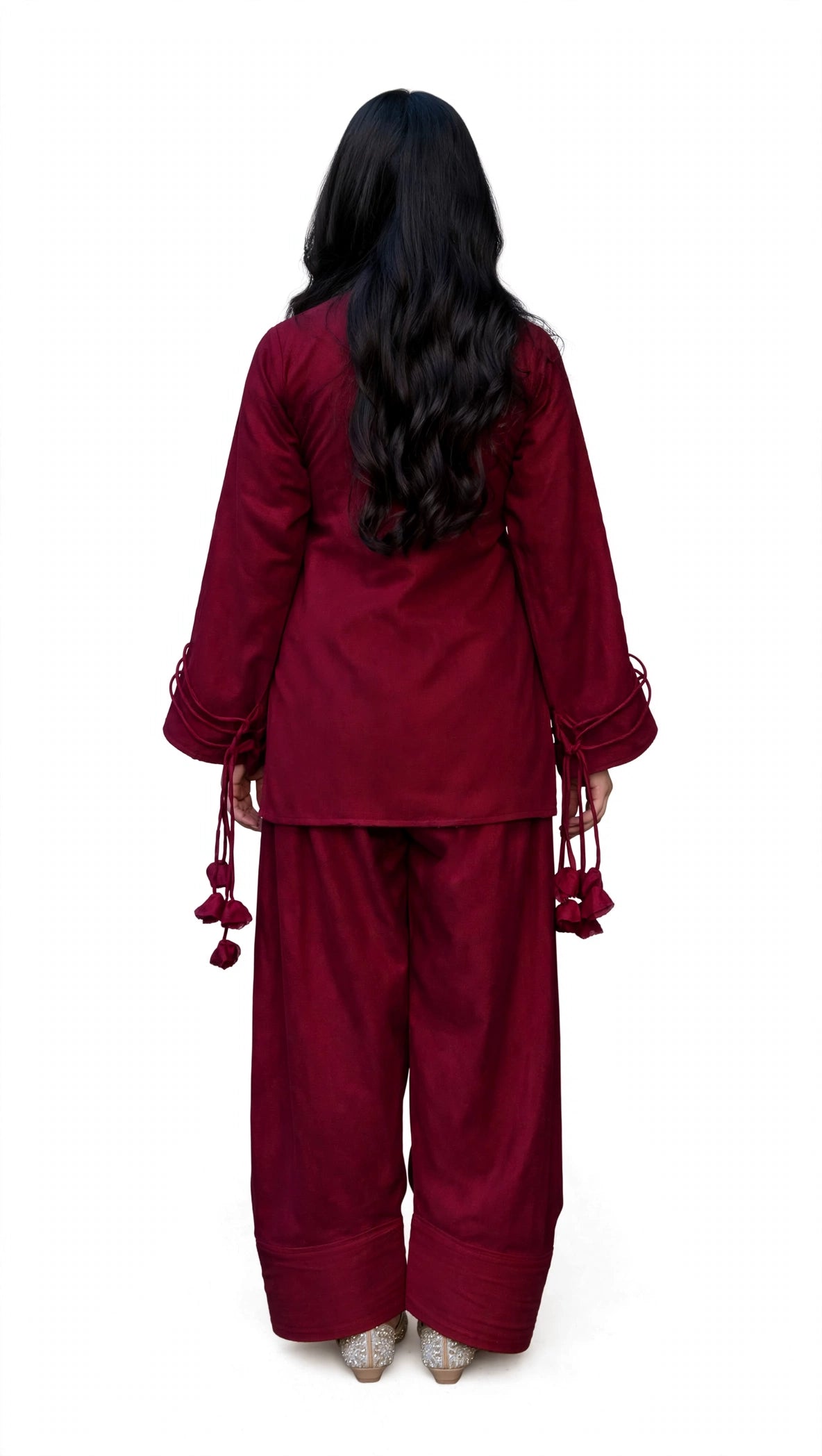 2 Piece Luxe Maroon Silk Suit | Tassel Neck Shirt with Palazzo Pants