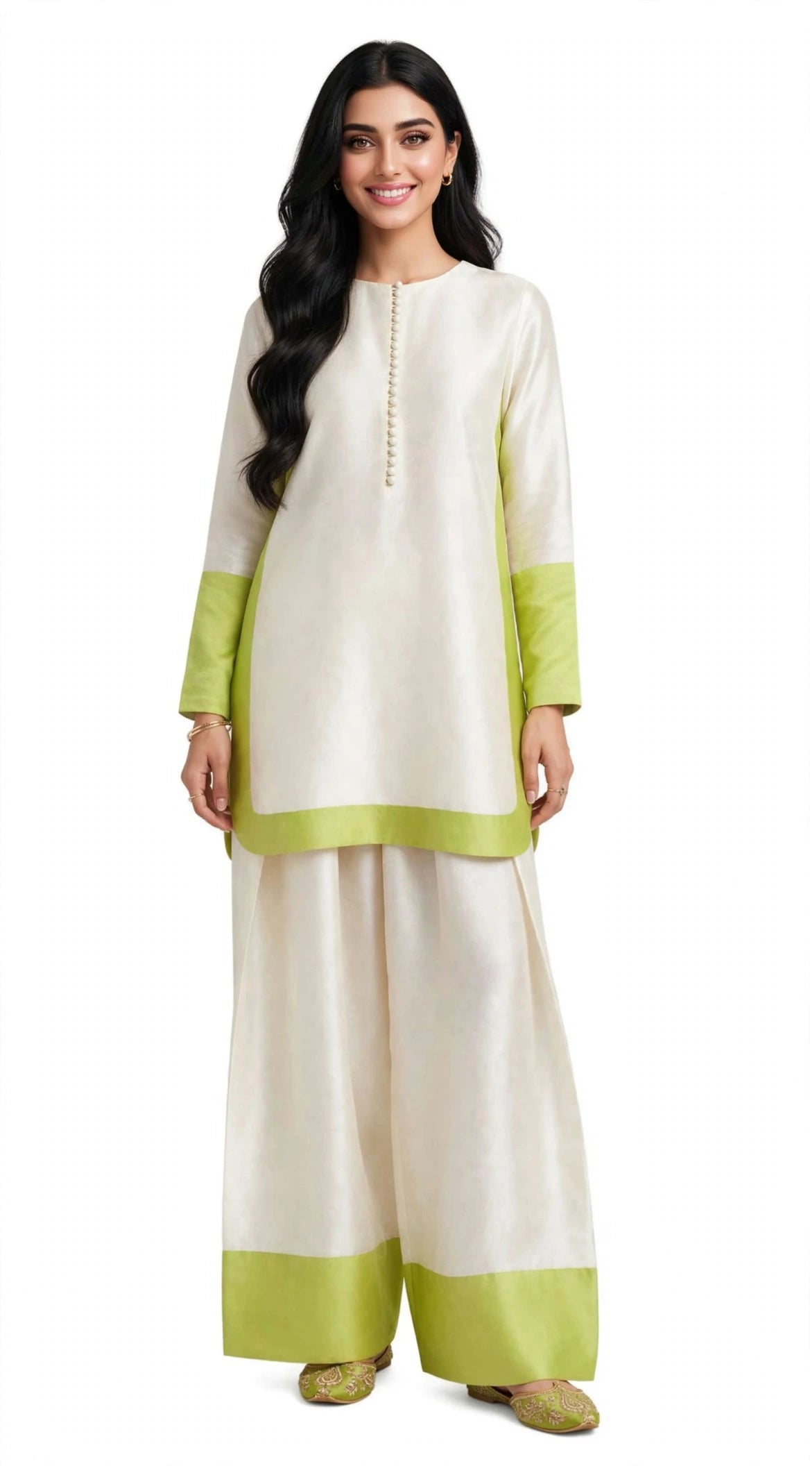 2 Piece Ivory Lime Silk Suit | Color Block Shirt with Wide Pants