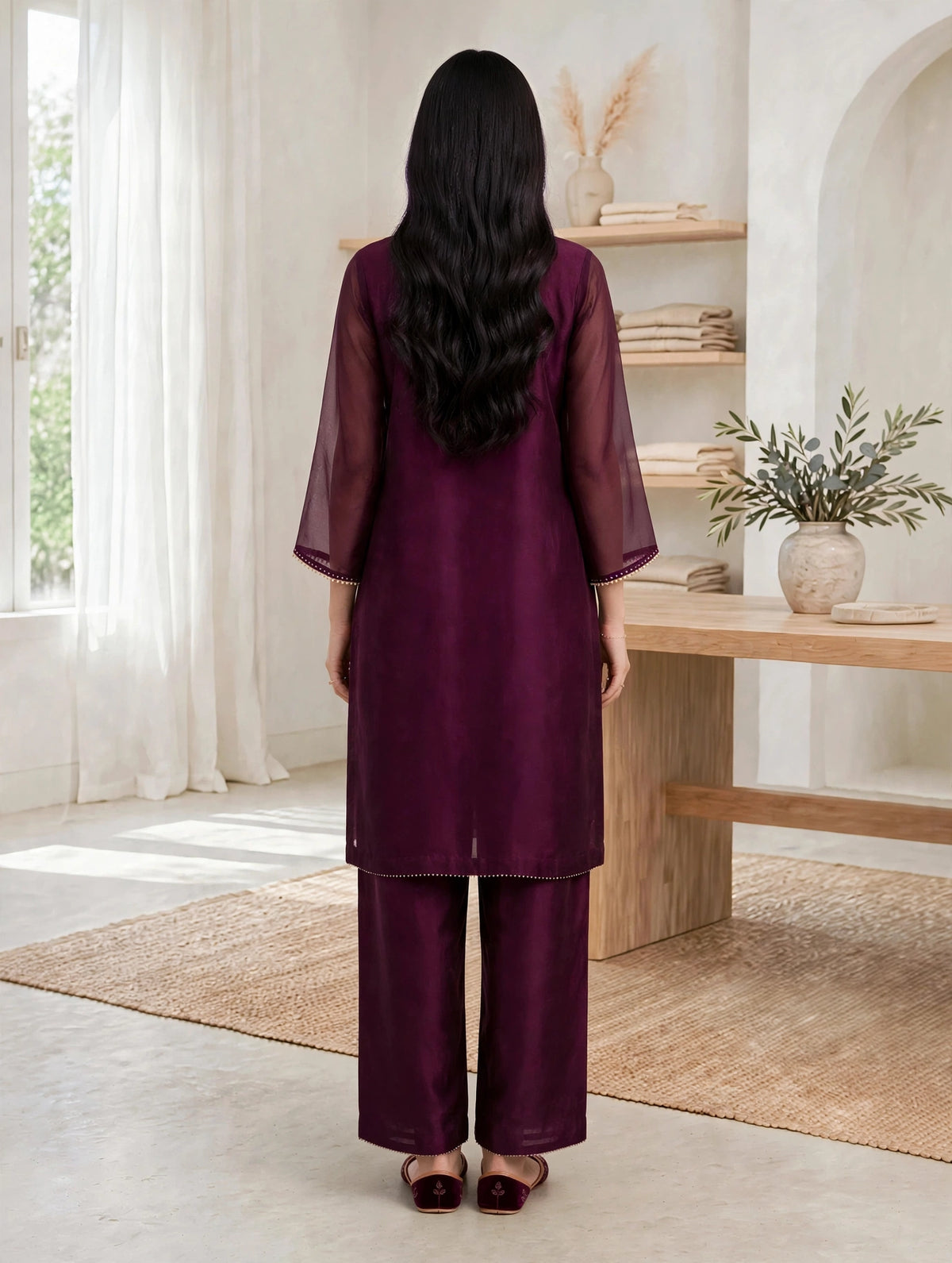 2 Piece Maroon Silk Suit | V-Neck Shirt with Straight Pants