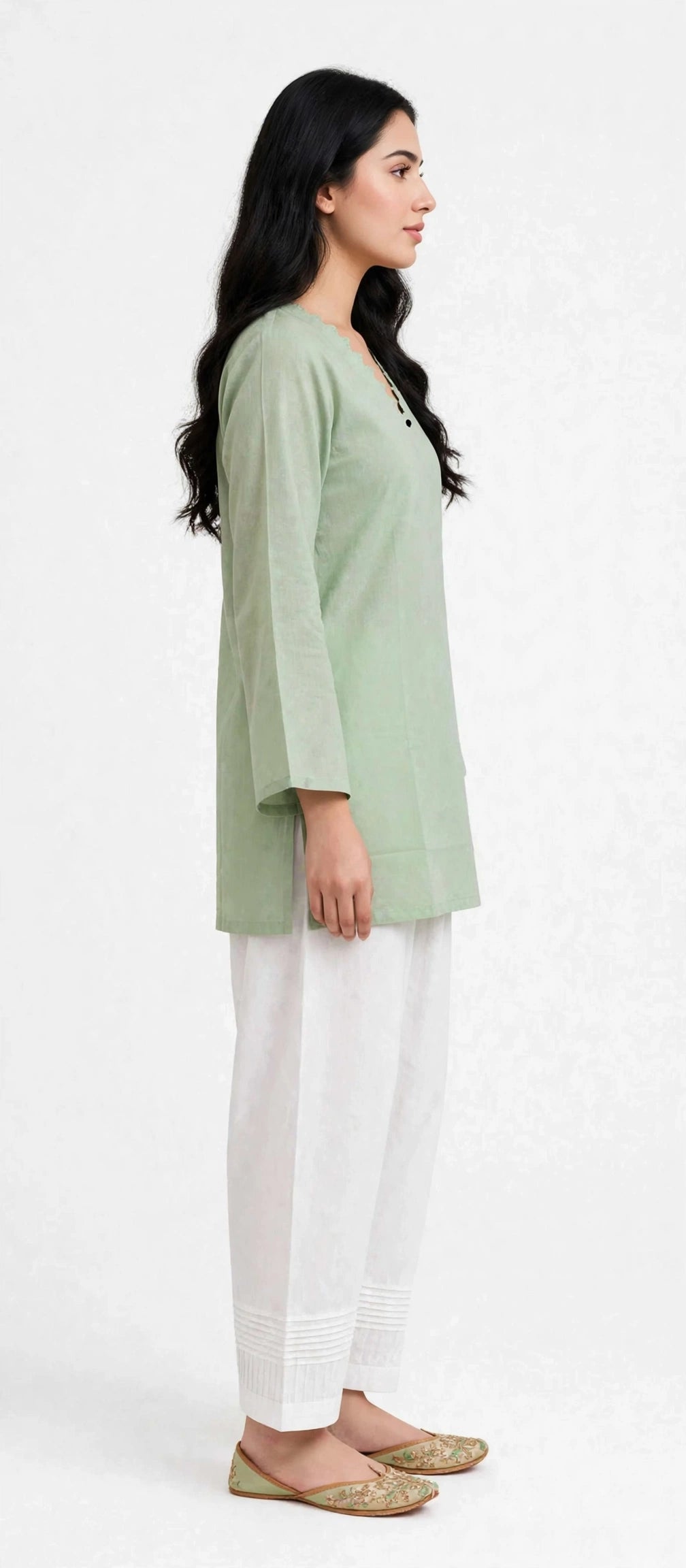 2 Piece Sage Green Silk Suit | Scallop V-Neck Shirt with White Pants