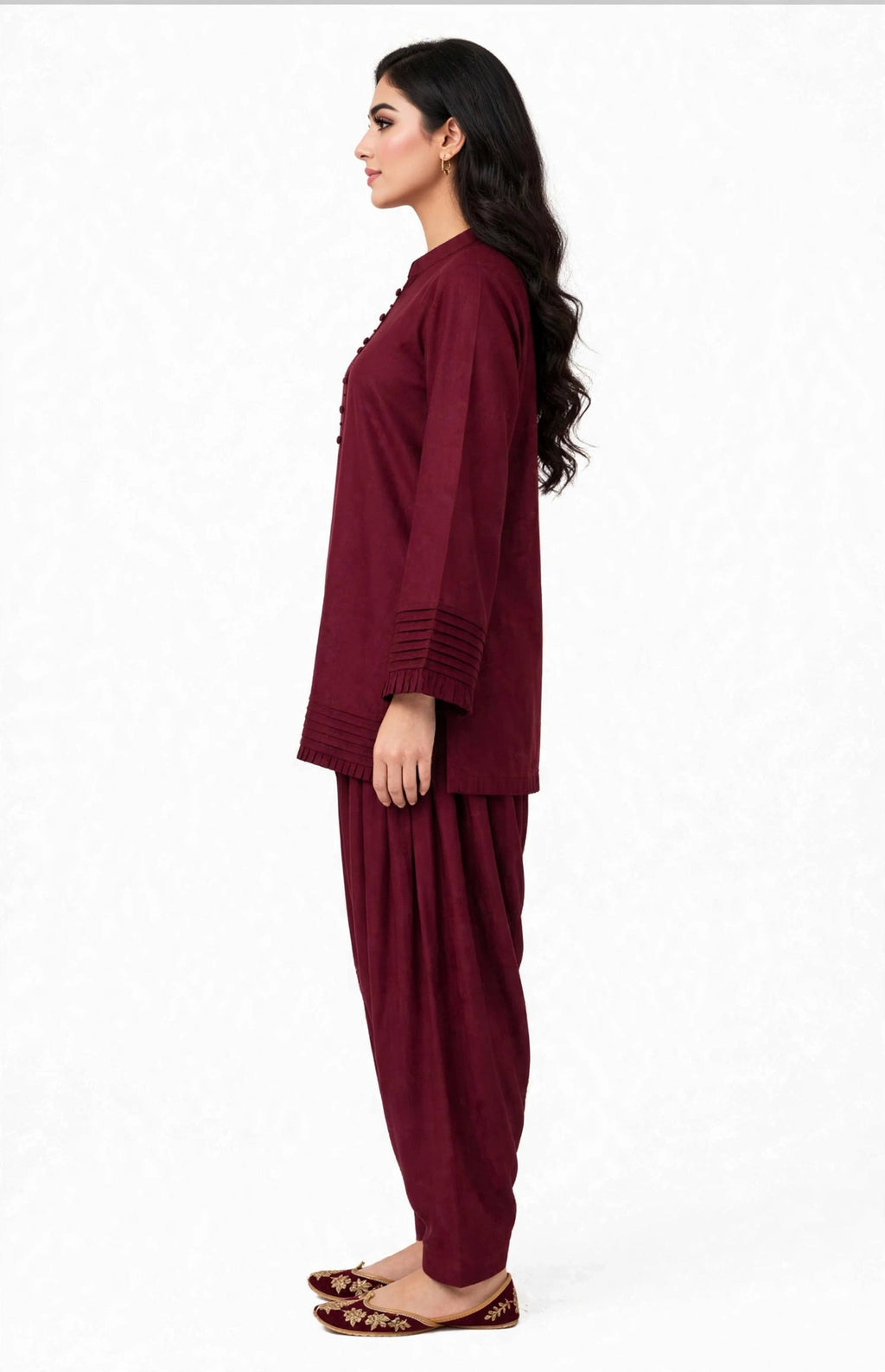 2 Piece Maroon Silk Suit | Pleated Shirt with Shalwar Pants