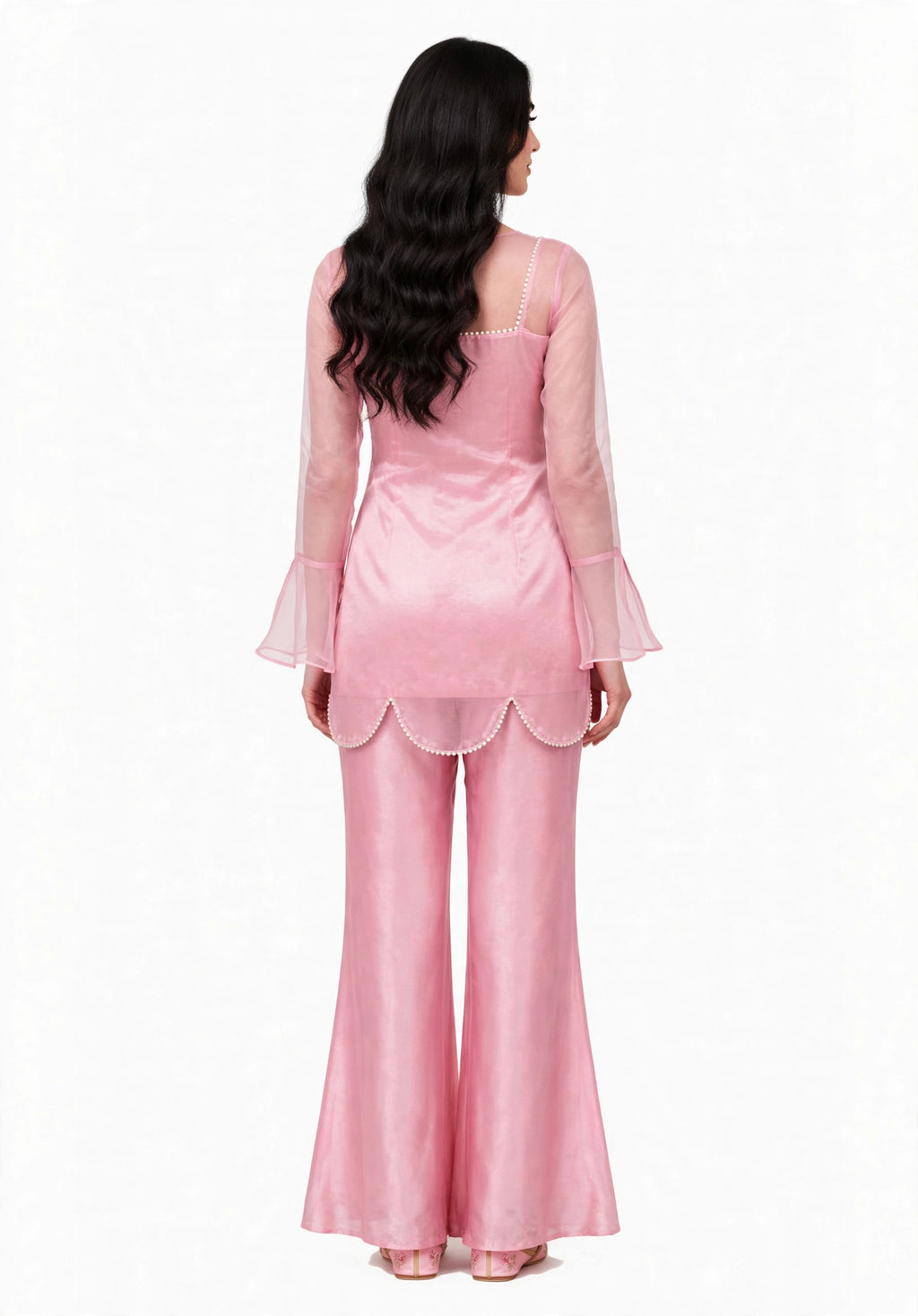 2 Piece Pink Silk Suit | Bell Sleeve Co-ord with Scallop Hem