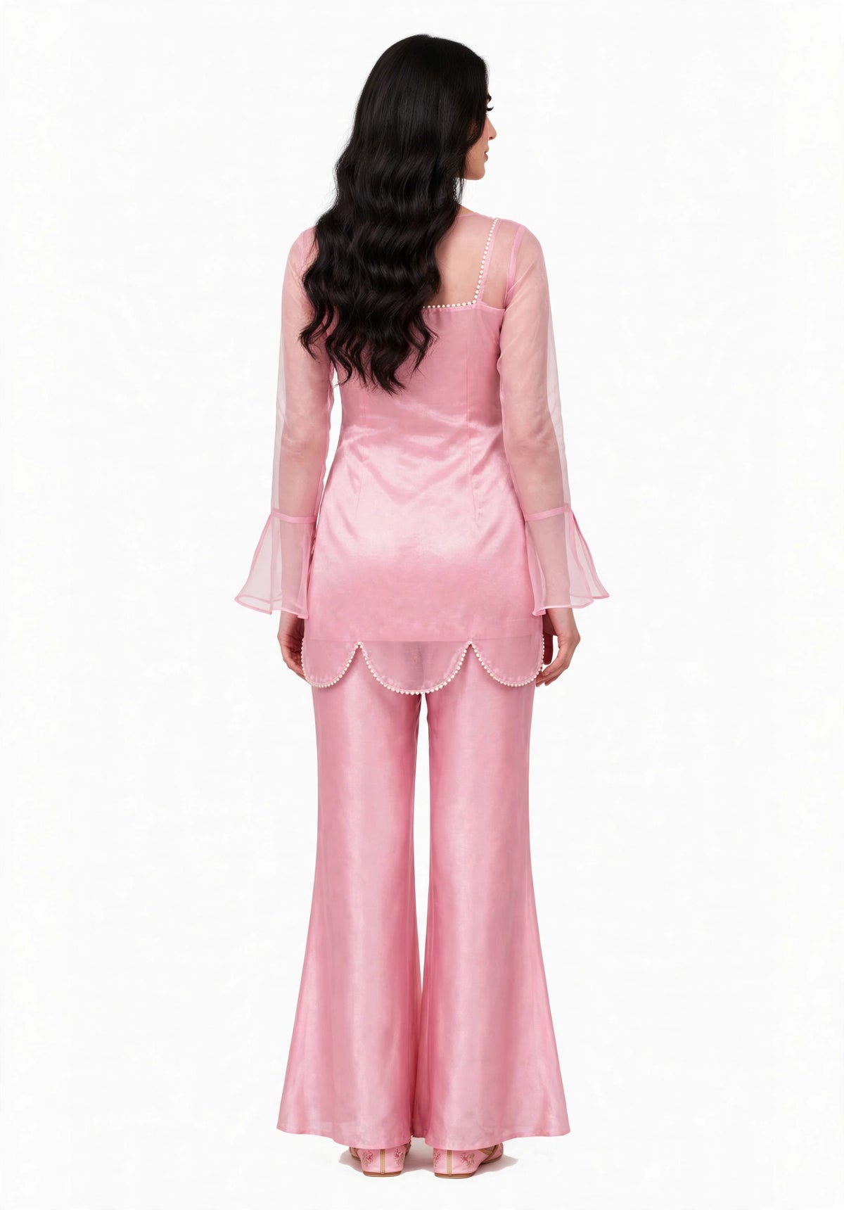 2 Piece Pink Silk Suit | Bell Sleeve Co-ord with Scallop Hem
