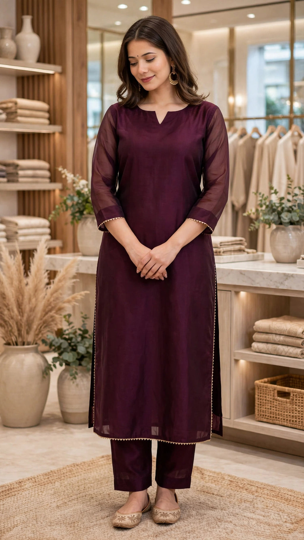 A woman modeling a deep purple three-piece kurta set with matching pants in a boutique setting. The set features a solid purple cotton kurta with sheer purple sleeves and a split neckline, decorated with gold zari borders.