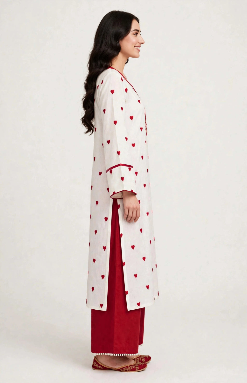 2 Piece White Maroon Silk Suit | Heart Print Co-ord Set