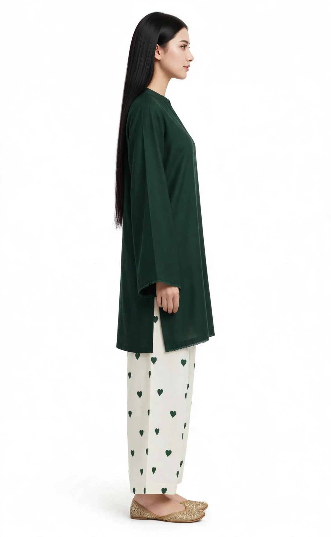 2 Piece Emerald Green Silk Suit | Bell Sleeve Shirt with Heart Print Pants